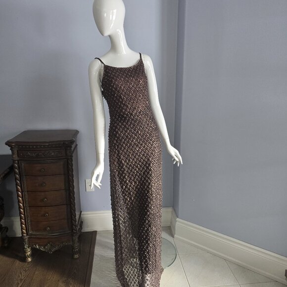 Fashion Nova Beaded Mesh Maxi Gown – Brown / Nude - Picture 1 of 4